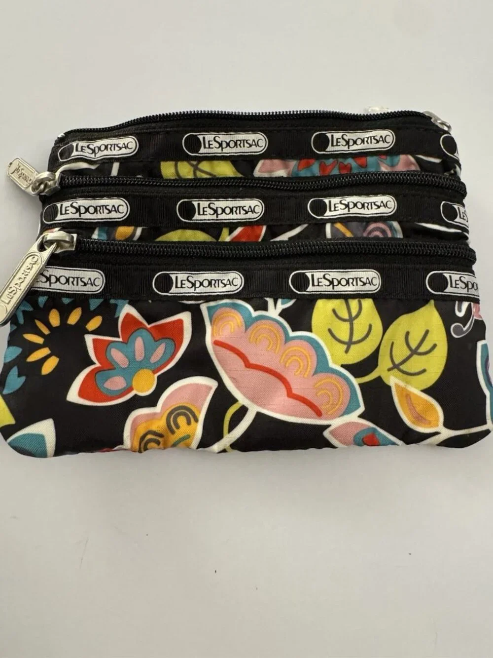 Lesportsac 3 Zip Cosmetic Pouch Bag Wallet 7” X 5” Vibrant Hippie Flowers C36